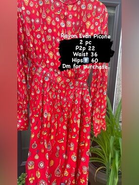 Evan Picone Red Rayon Printed Two-Piece Set with Multicolor Medallion Motif